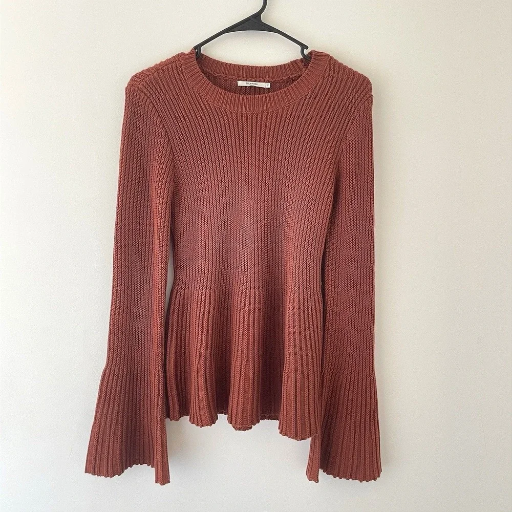 Tularosa Ribbed Knit S Sweater Rust Orange Flare Sleeve 70s Inspired